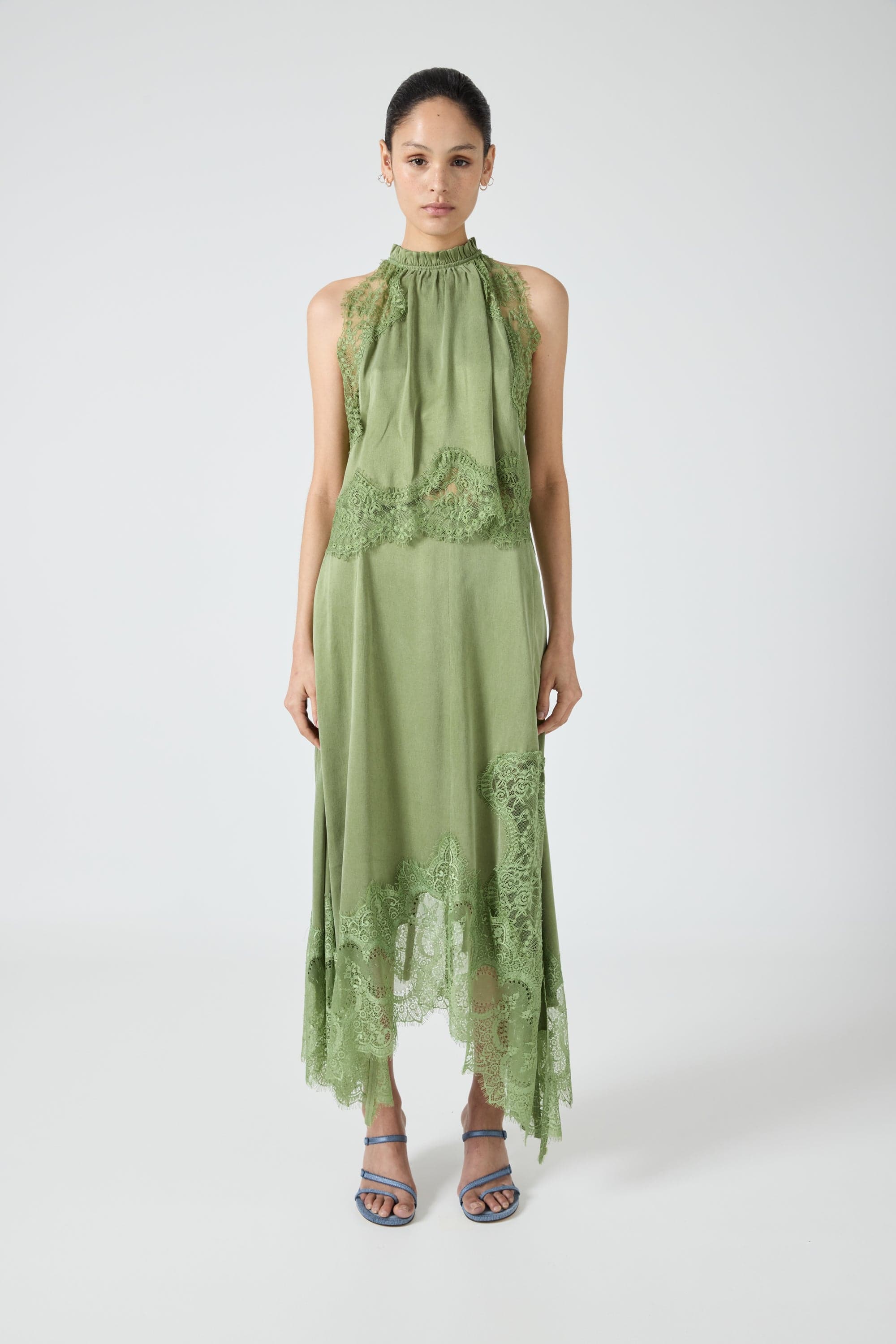 Women's Satin Lace-Trim Top and A-Line Slit Skirt Set - Sage
