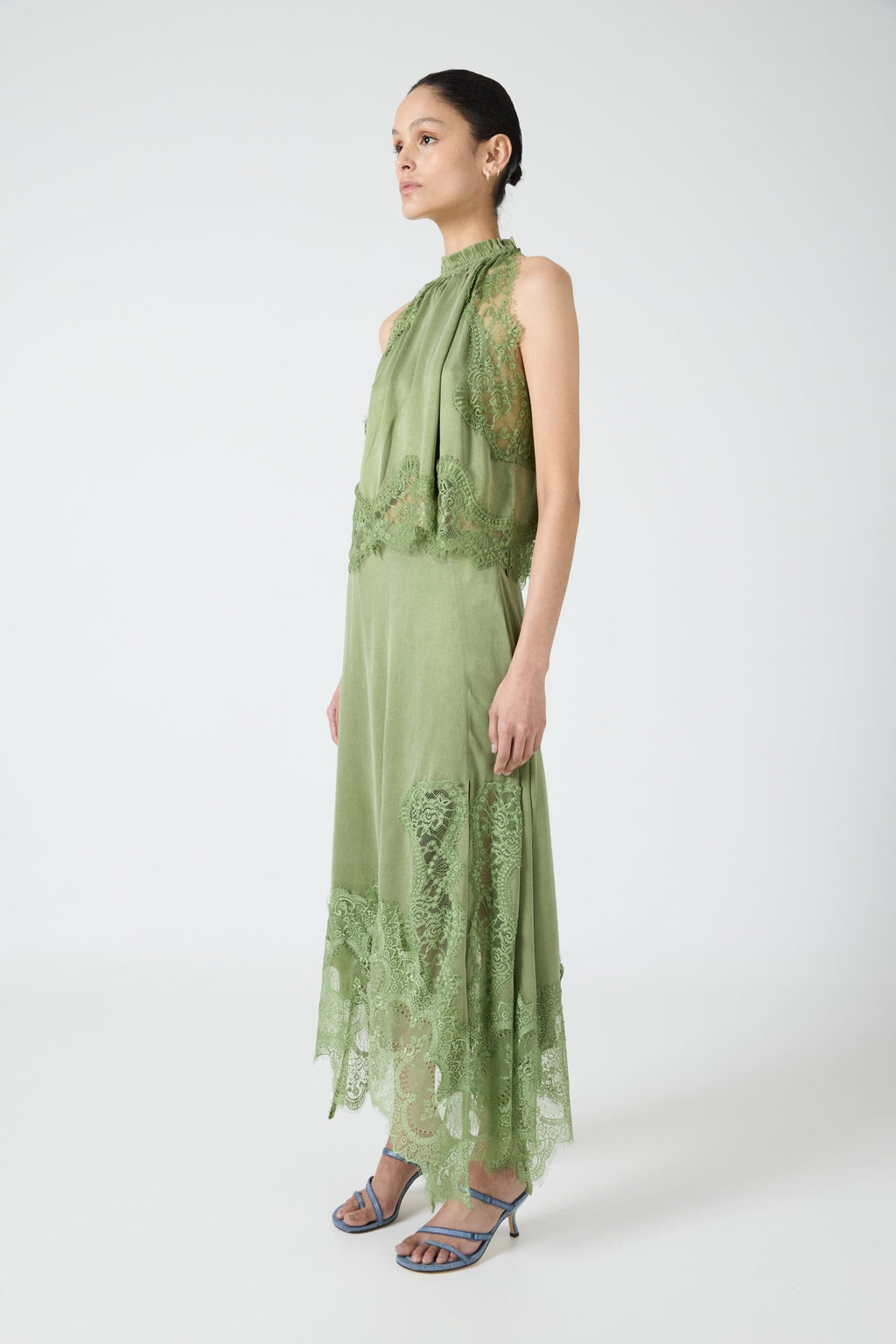 Women's Satin Lace-Trim Top and A-Line Slit Skirt Set - 3