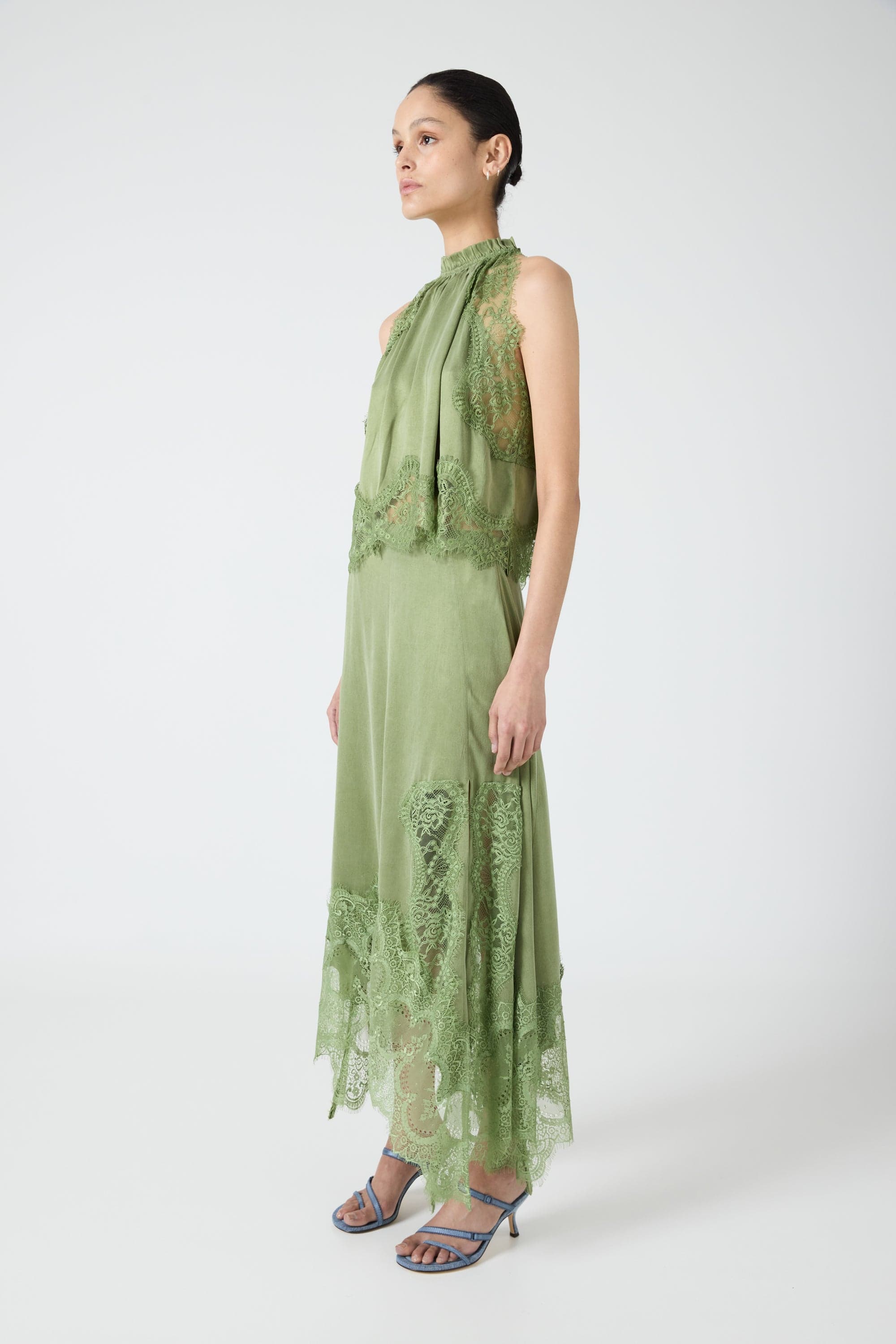 Women's Satin Lace-Trim Top and A-Line Slit Skirt Set - 3