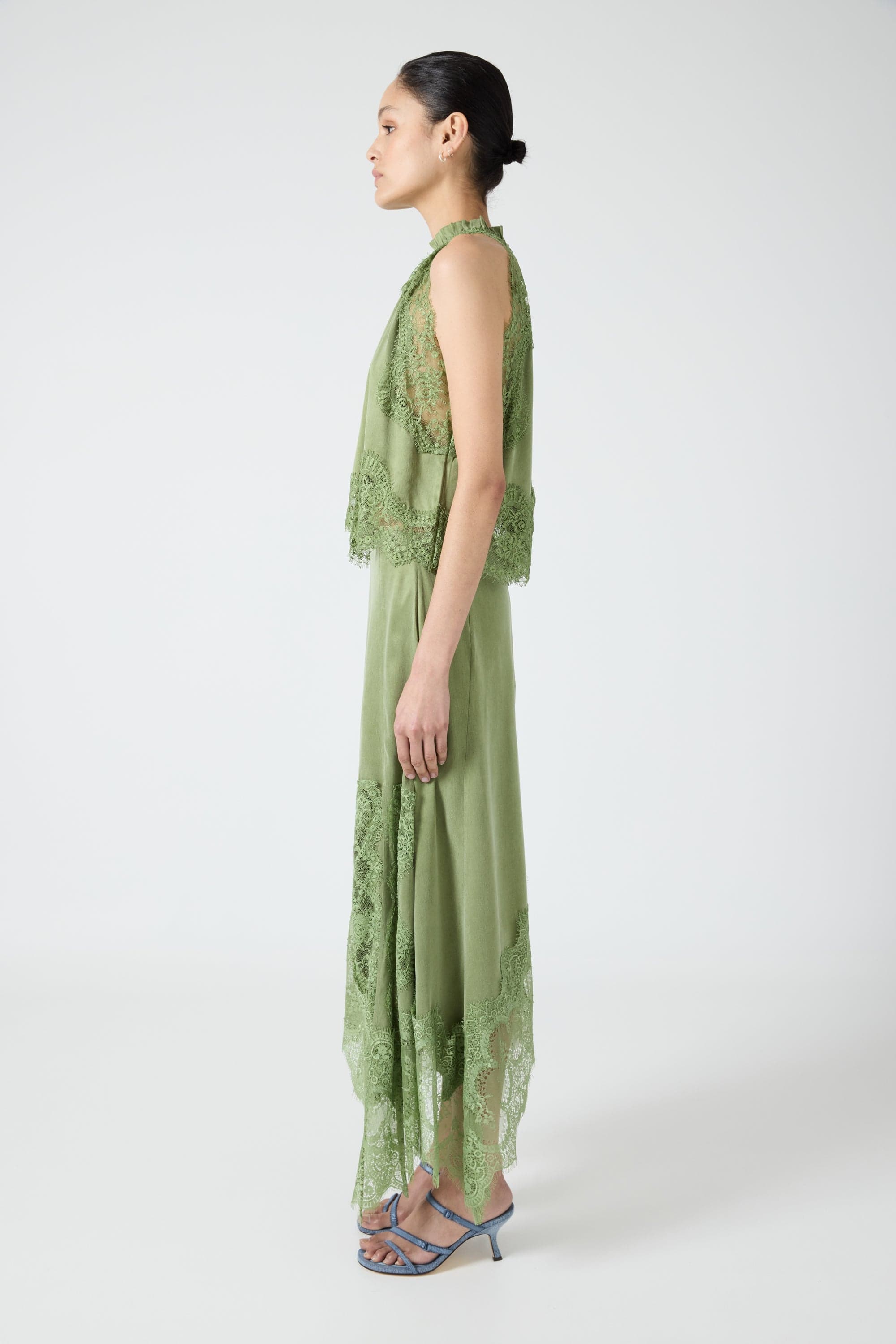Women's Satin Lace-Trim Top and A-Line Slit Skirt Set - 4
