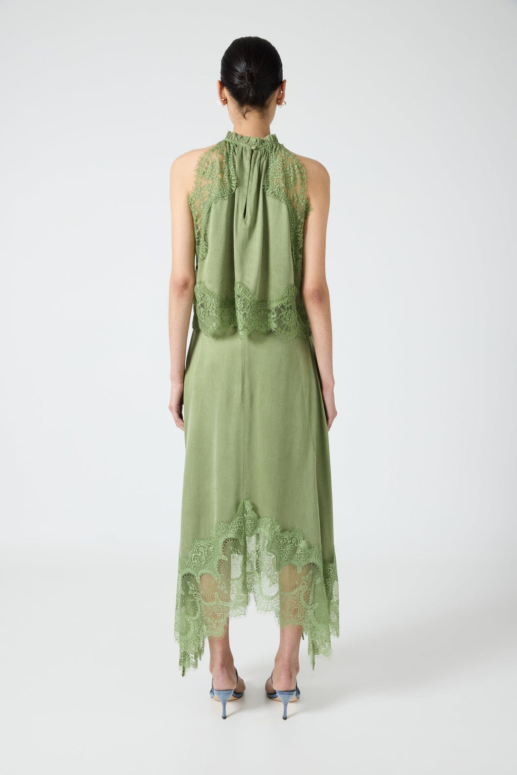 Women's Satin Lace-Trim Top and A-Line Slit Skirt Set - 5