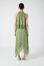 Women's Satin Lace-Trim Top and A-Line Slit Skirt Set - 5
