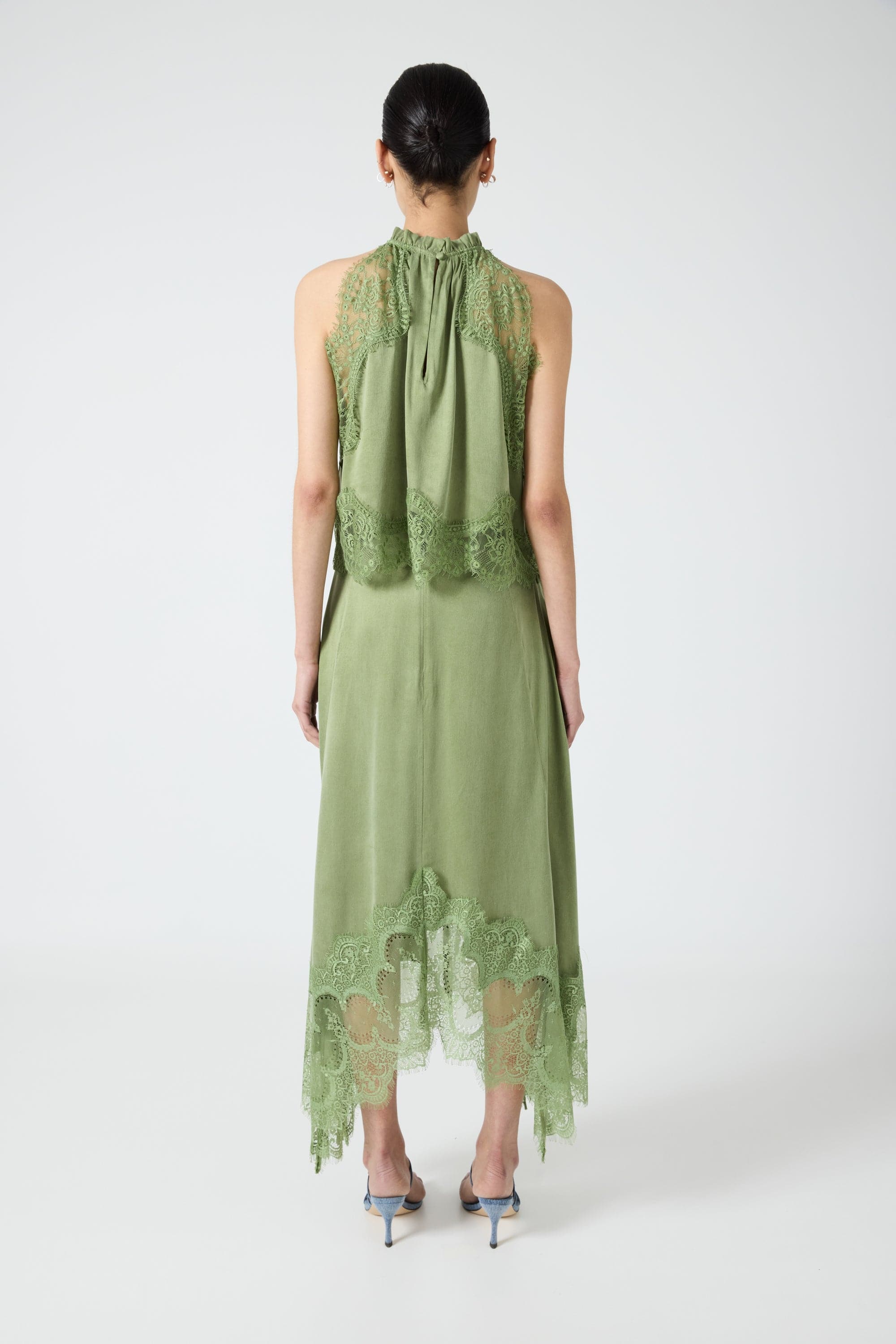 Women's Satin Lace-Trim Top and A-Line Slit Skirt Set - 5