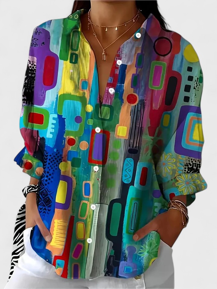 Women's Blouse Long Sleeve with Geometric Print and Collar - Geometric
