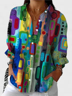 Women's Blouse Long Sleeve with Geometric Print and Collar - Geometric