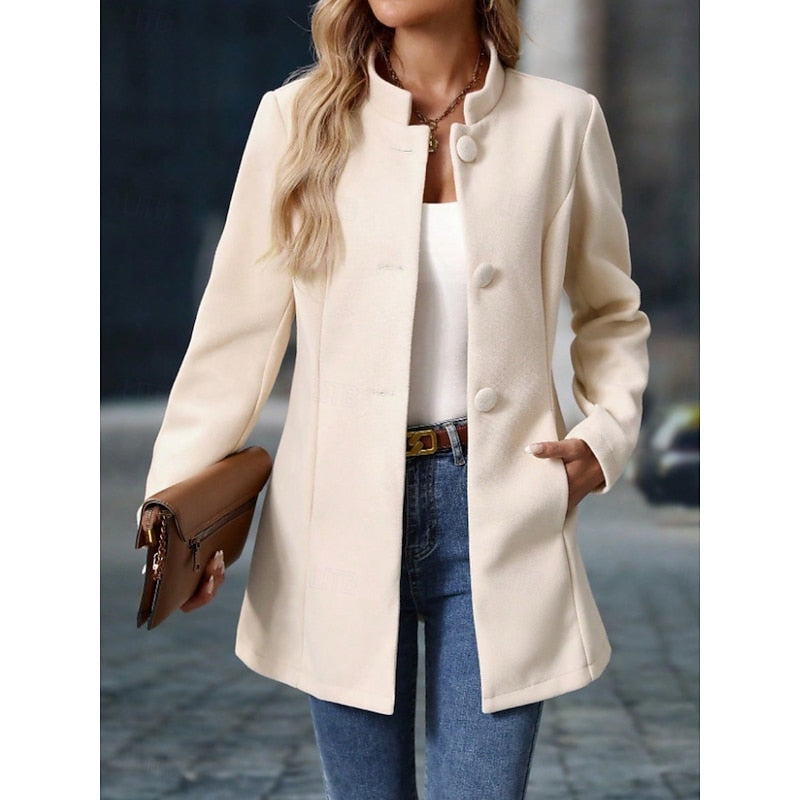 Women's Stand-Collar Tailored Coat with Button Front - Apricot