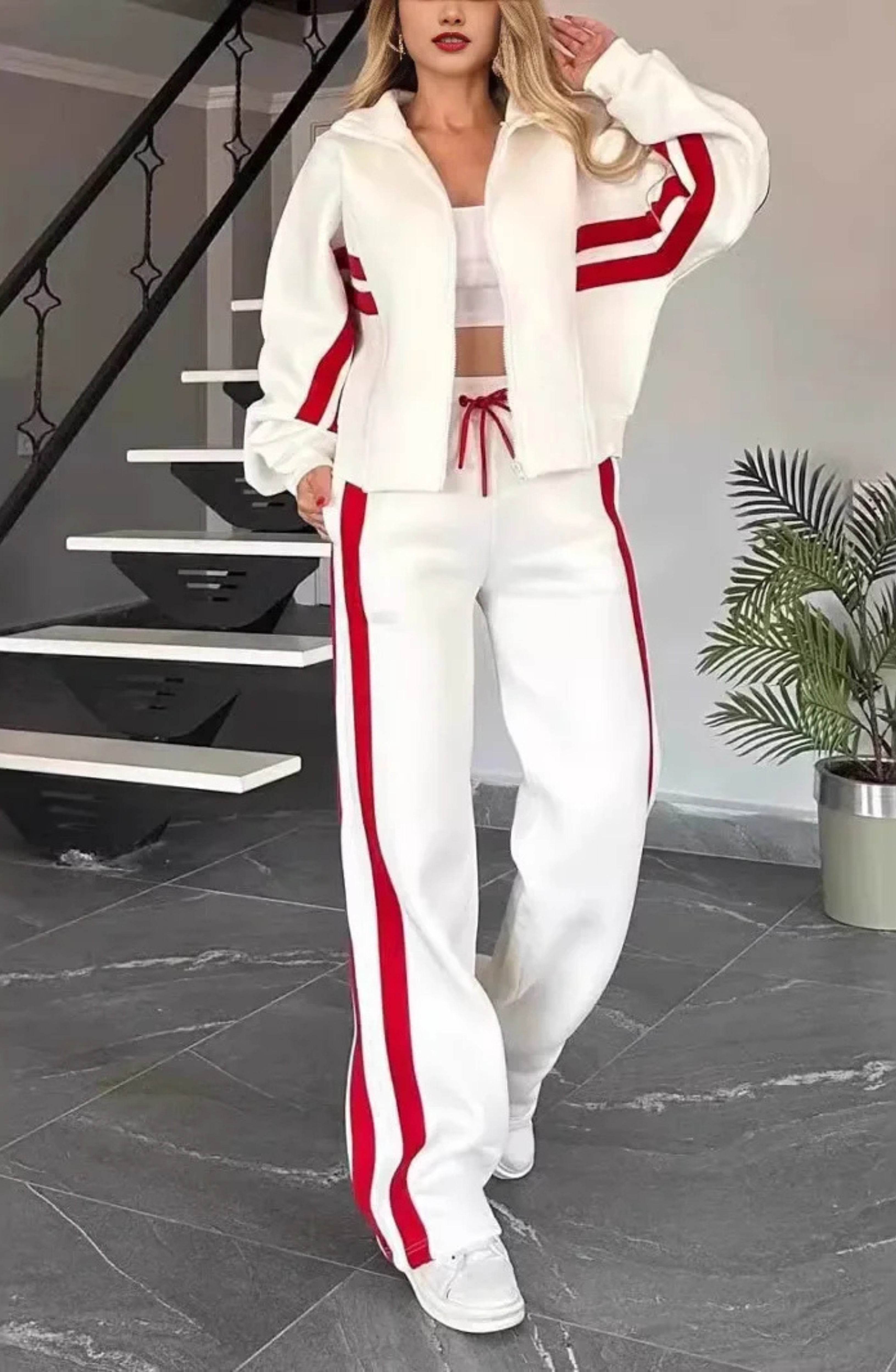 Women's Striped Co-Ord Set with Zip Jacket and Wide-Leg Trousers - 10