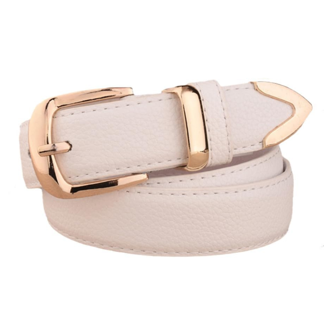 Leather Belt with Gold-Tone Buckle and Textured Finish - White