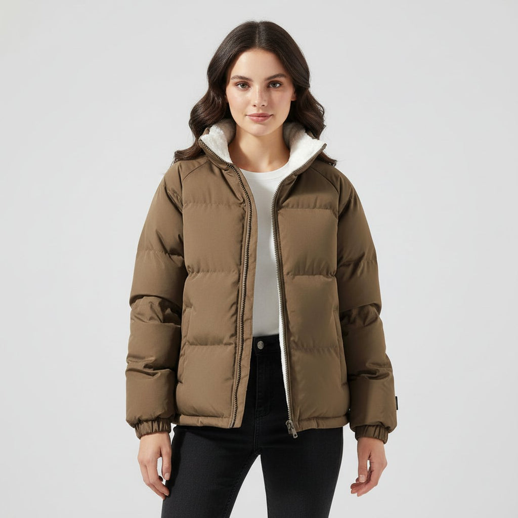 Women's Hooded Puffer Jacket with Fleece Lining - Brown