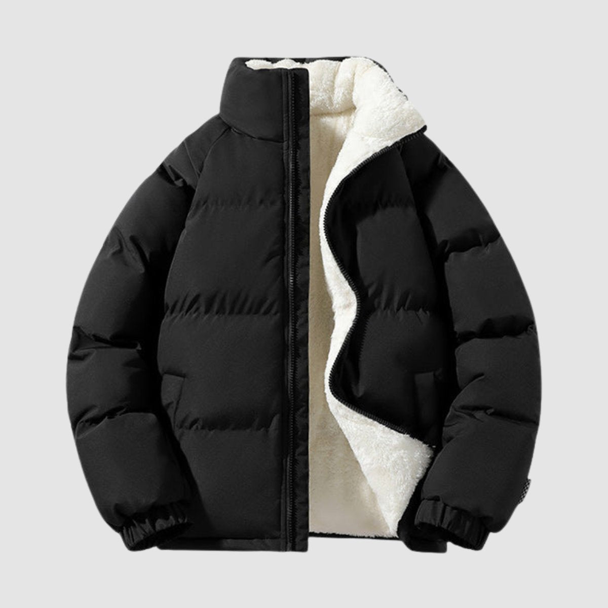 Women's Hooded Puffer Jacket with Fleece Lining - Black
