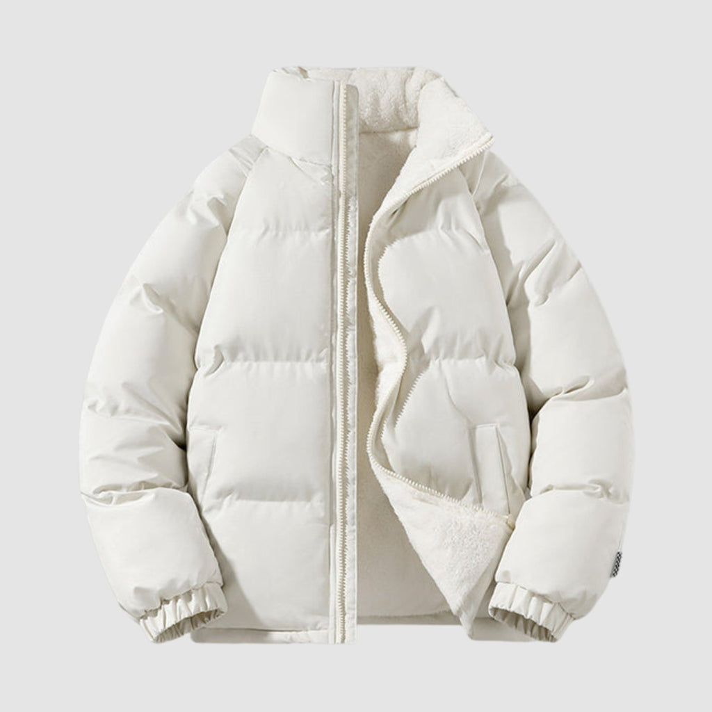 Women's Hooded Puffer Jacket with Fleece Lining - Beige