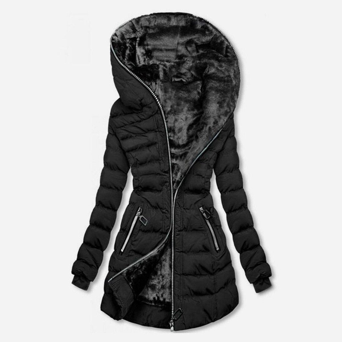 Women's Quilted Winter Coat with Fleece Lining Zip Front - Black
