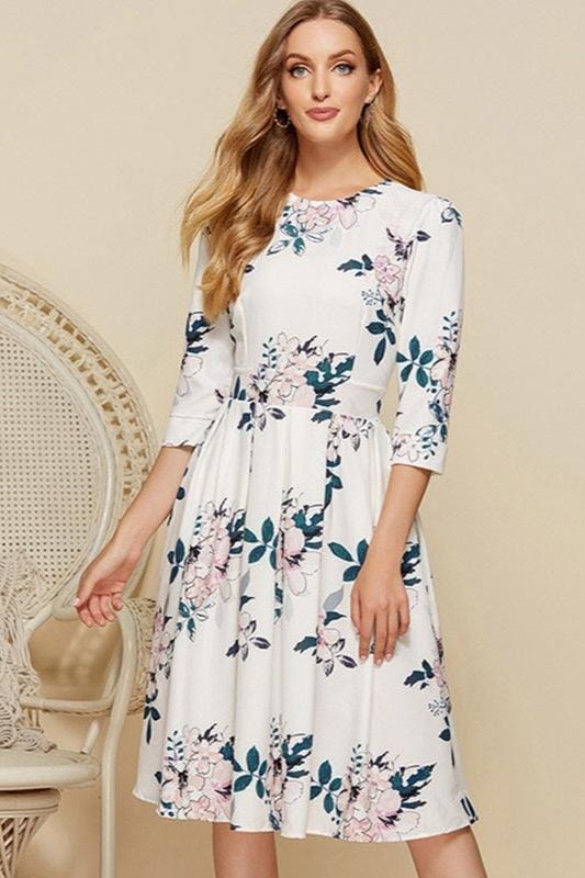 Women's Floral Midi Dress with Three-Quarter Sleeves and A-Line Skirt - 2