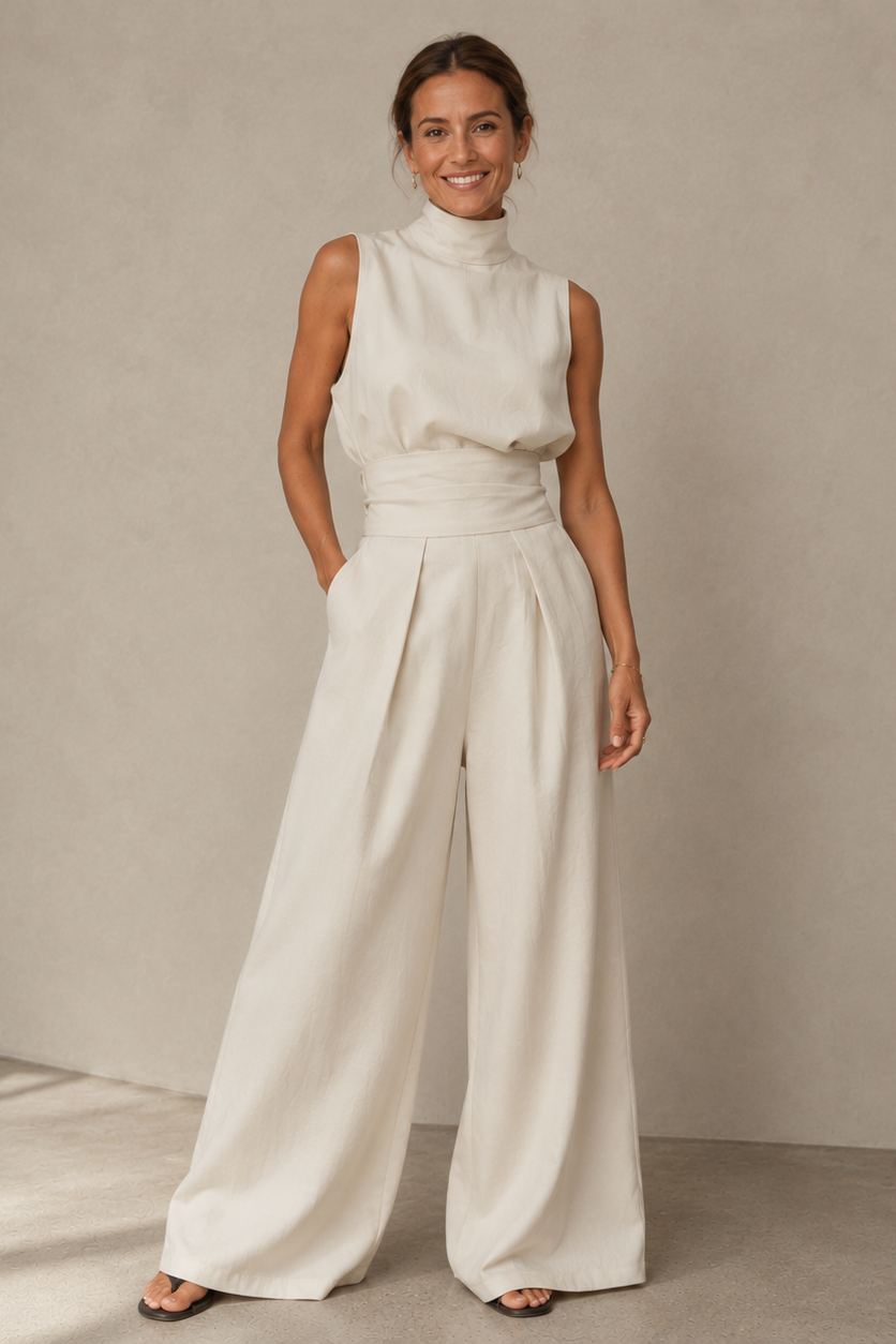 Women's Sleeveless Wide Leg Jumpsuit with High Neck and Wrap Belt - Off White