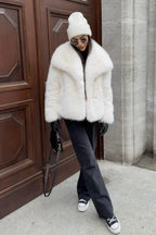 Women's Faux Fur Coat with Wide Collar - 12