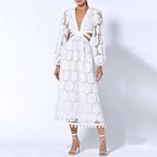 Women's Lace Maxi Dress with Long Sleeves and V-Neck Cutout Waist - 2