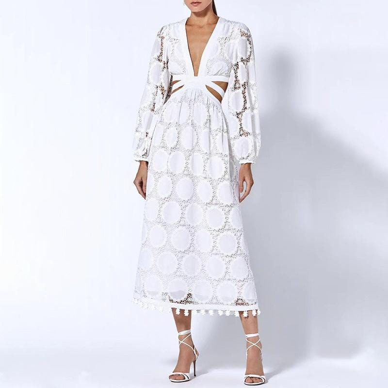 Women's Lace Maxi Dress with Long Sleeves and V-Neck Cutout Waist - 2