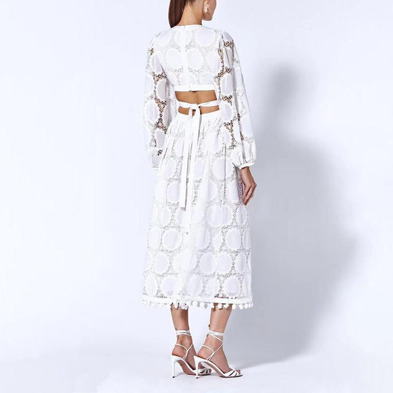 Women's Lace Maxi Dress with Long Sleeves and V-Neck Cutout Waist - 3