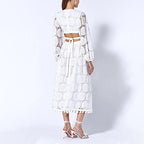 Women's Lace Maxi Dress with Long Sleeves and V-Neck Cutout Waist - 3