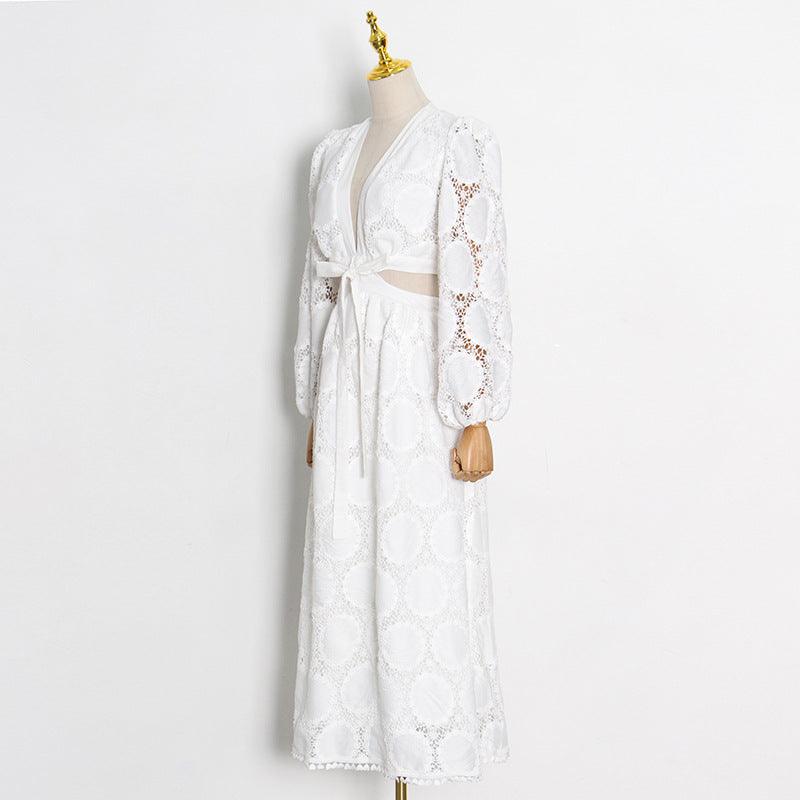 Women's Lace Maxi Dress with Long Sleeves and V-Neck Cutout Waist - 4