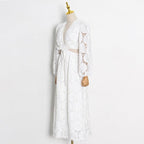 Women's Lace Maxi Dress with Long Sleeves and V-Neck Cutout Waist - 4