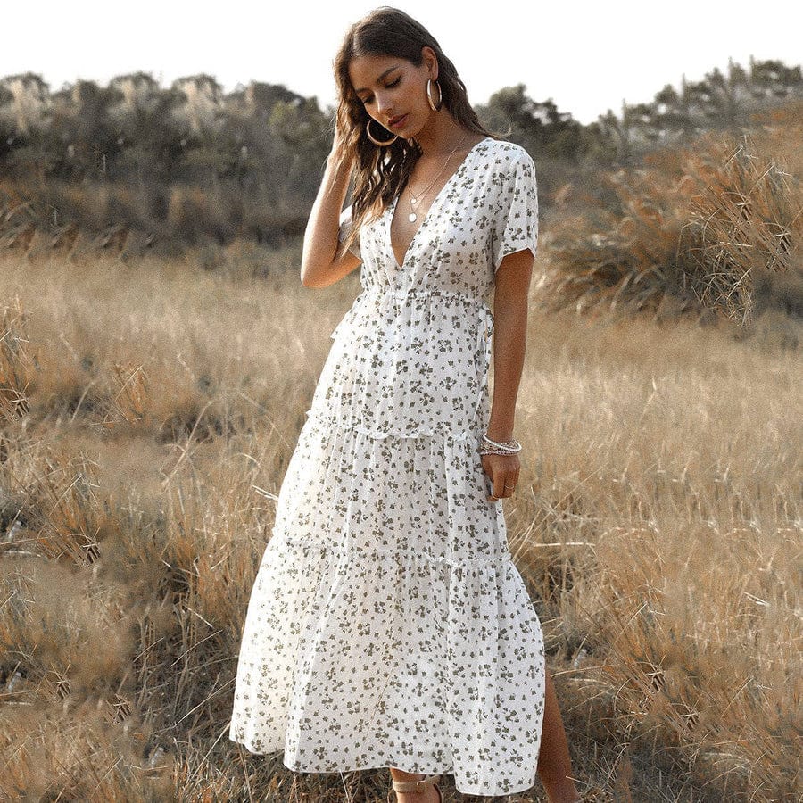 Women's Maxi Dress with V-Neck and Tiered A-Line Skirt - 2