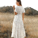 Women's Maxi Dress with V-Neck and Tiered A-Line Skirt - 3