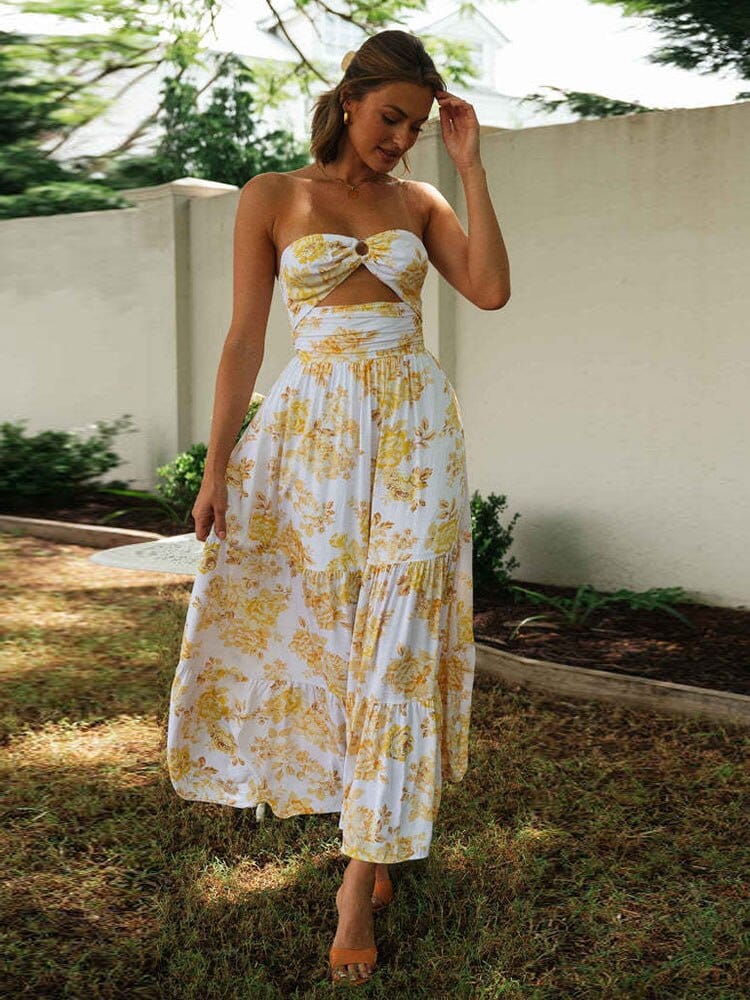 Women's Floral Off-Shoulder Maxi Dress with Cutout Waist and Tiered Hem - 2