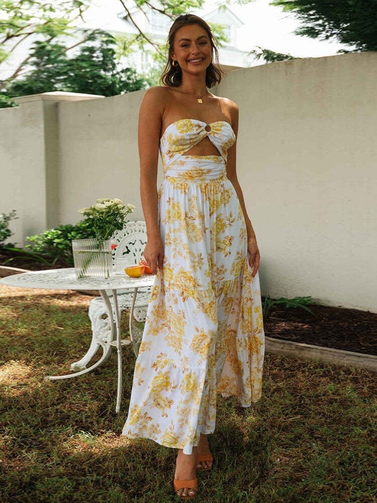 Women's Floral Off-Shoulder Maxi Dress with Cutout Waist and Tiered Hem - 3