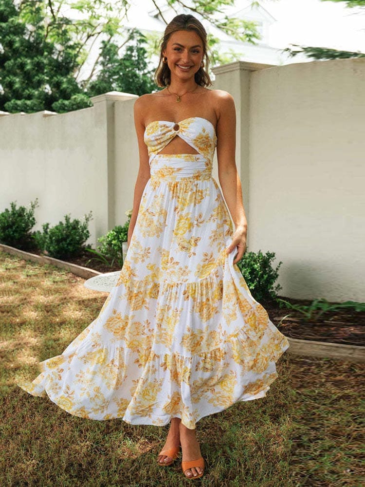 Women's Floral Off-Shoulder Maxi Dress with Cutout Waist and Tiered Hem - 5