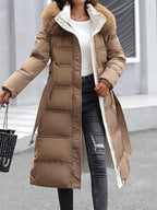 Women's Long Padded Coat with Faux Fur Trim Hood - 7
