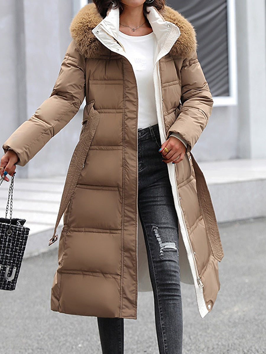Women's Long Padded Coat with Faux Fur Trim Hood - 7