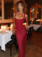 Women's Maxi Dress Ruched Bodycon with Scoop Neck - Burgundy