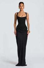 Women's Maxi Dress Ruched Bodycon with Scoop Neck - 12
