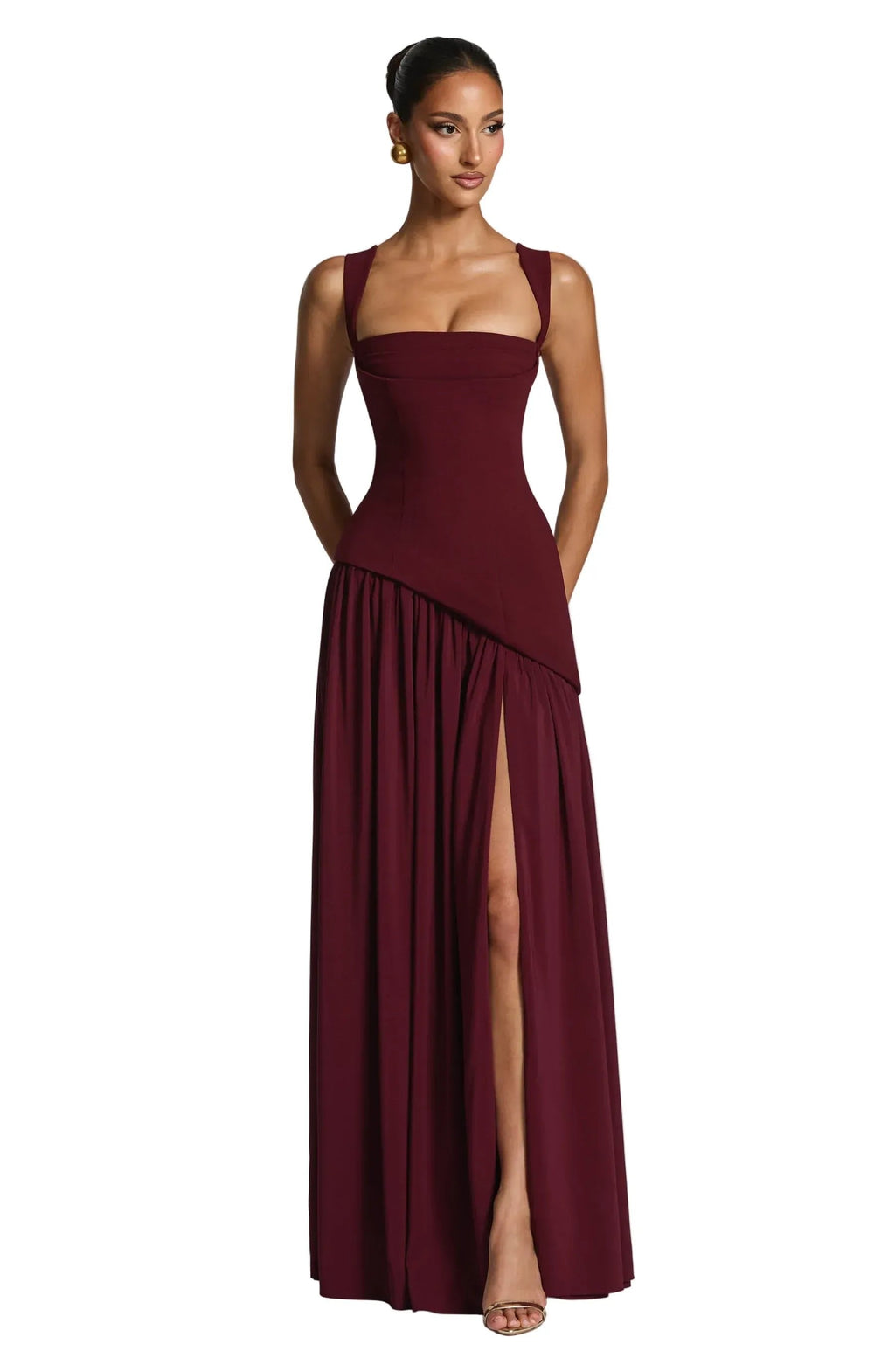 Isabella | Women's A-Line Sleeveless Fitted-Waist Maxi Dress - Burgundy