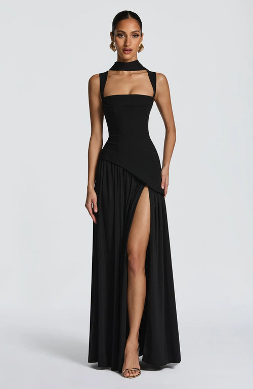 Isabella | Women's A-Line Sleeveless Fitted-Waist Maxi Dress - Black
