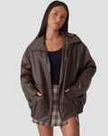 Women's Oversized Bomber Jacket in Faux Leather with Zip Front - Brown