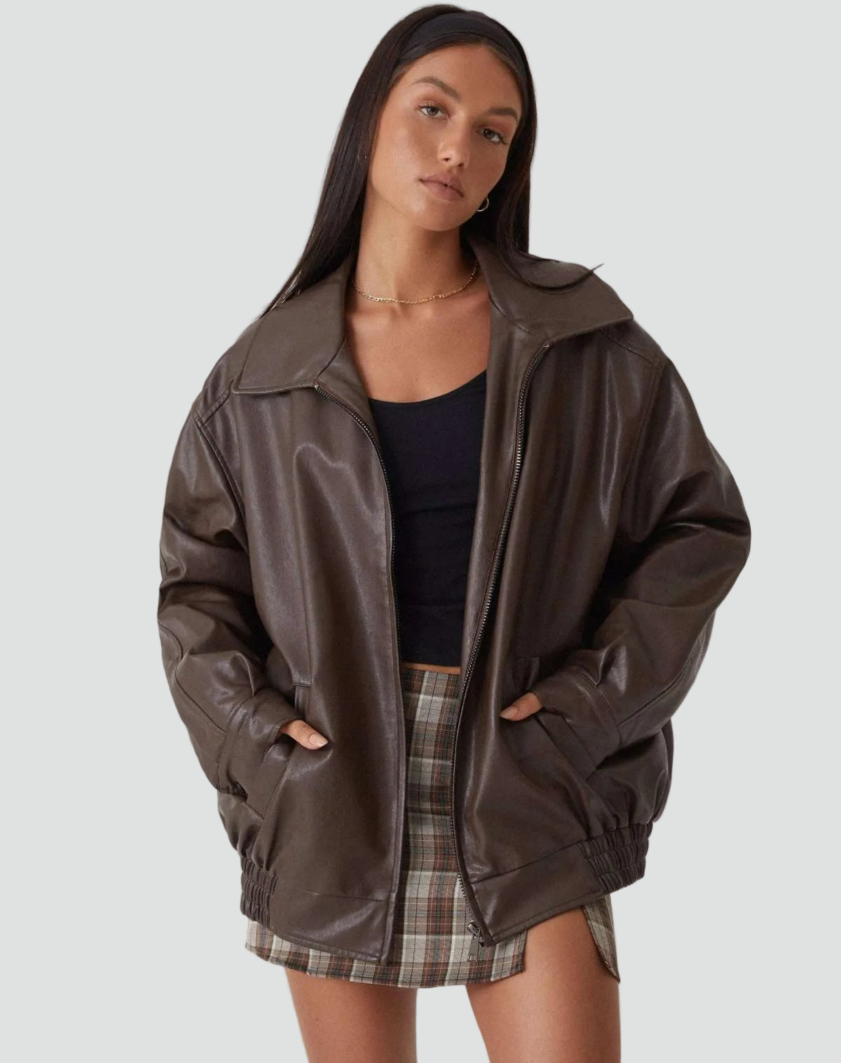 Women's Oversized Bomber Jacket in Faux Leather with Zip Front - Brown