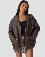Women's Oversized Bomber Jacket in Faux Leather with Zip Front - Brown