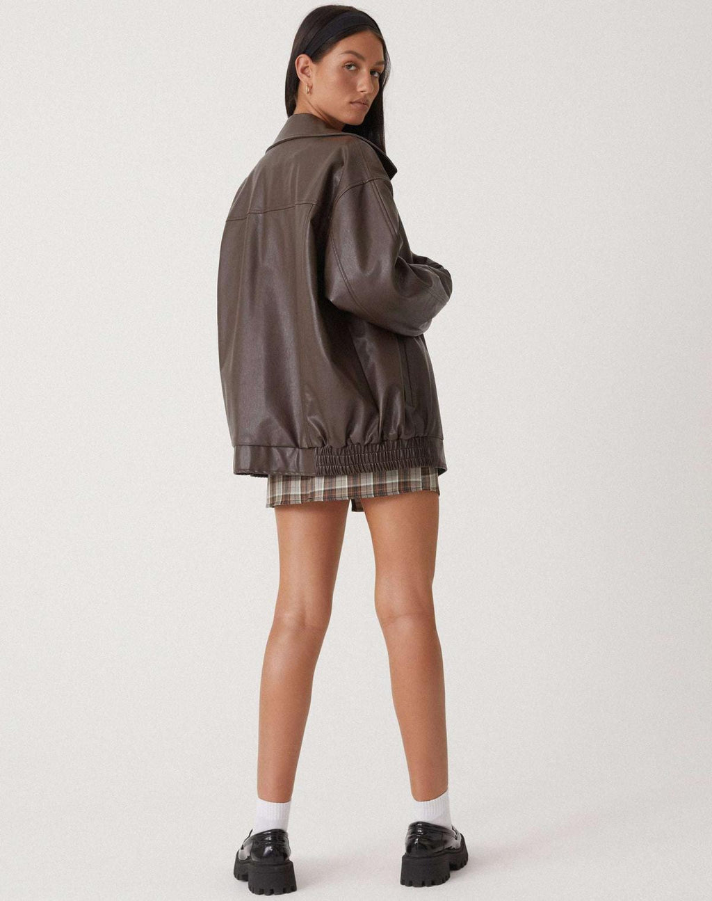 Women's Oversized Bomber Jacket in Faux Leather with Zip Front - 4