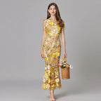 Women's Maxi Dress Sleeveless with Floral Appliqué and Crew Neckline - Yellow