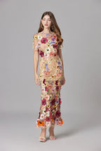 Women's Maxi Dress Sleeveless with Floral Appliqué and Crew Neckline - 10