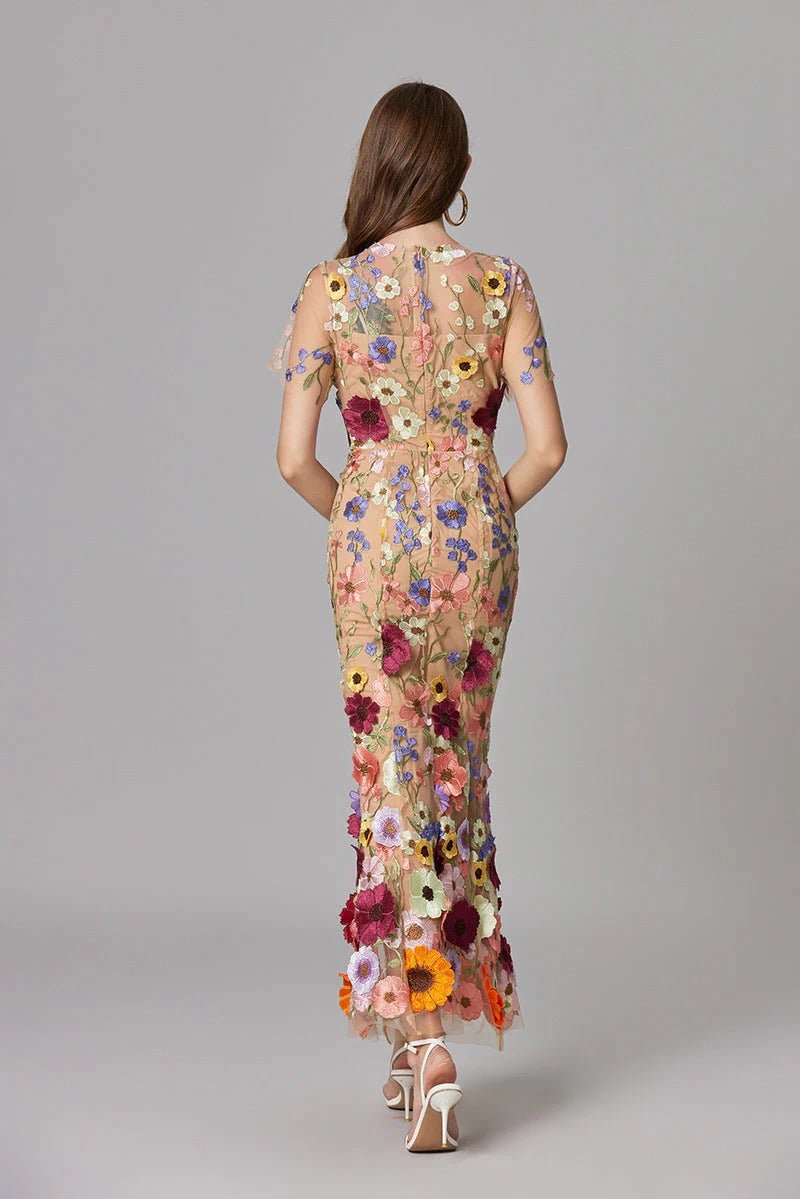 Women's Maxi Dress Sleeveless with Floral Appliqué and Crew Neckline - 11