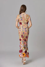 Women's Maxi Dress Sleeveless with Floral Appliqué and Crew Neckline - 11