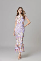 Women's Maxi Dress Sleeveless with Floral Appliqué and Crew Neckline - 12