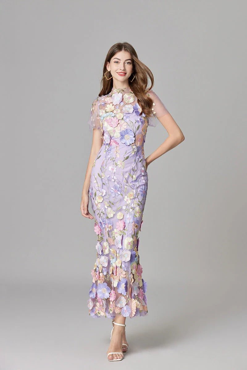 Women's Maxi Dress Sleeveless with Floral Appliqué and Crew Neckline - 12