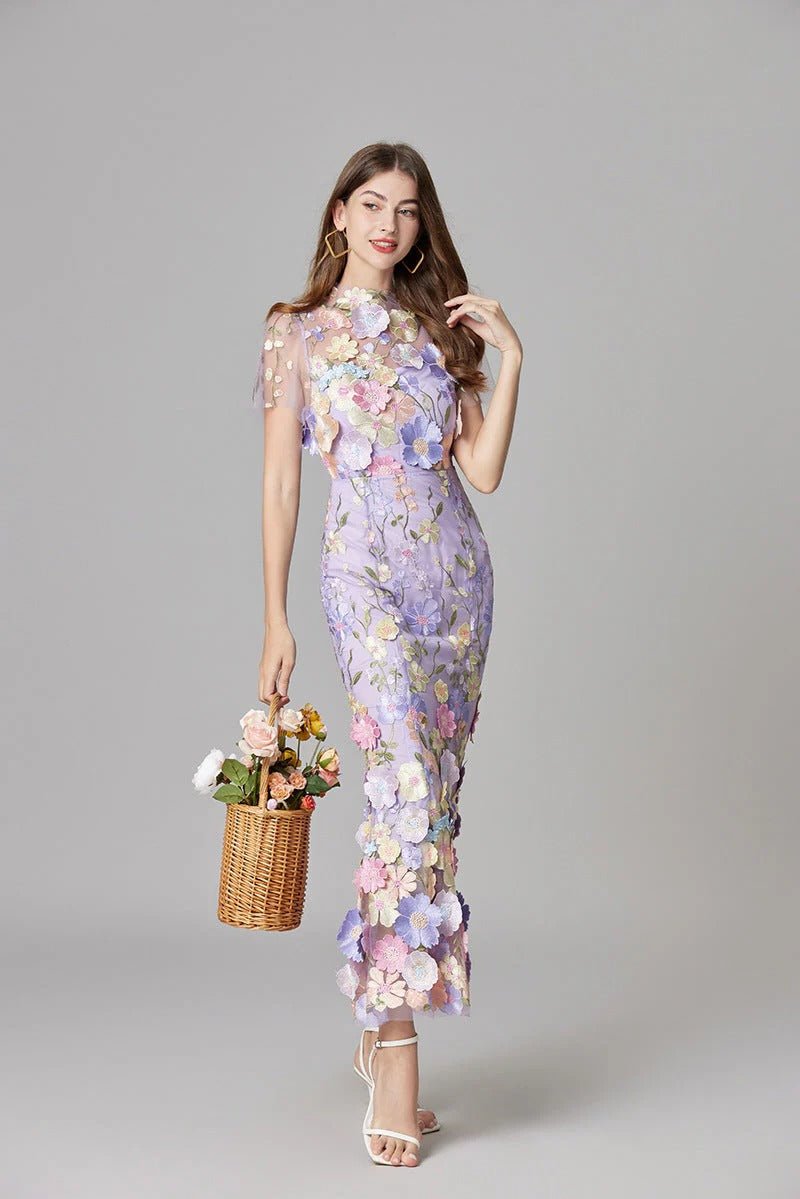 Women's Maxi Dress Sleeveless with Floral Appliqué and Crew Neckline - 13