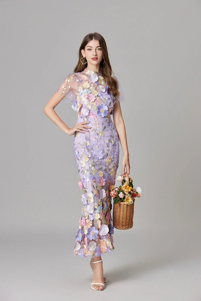 Women's Maxi Dress Sleeveless with Floral Appliqué and Crew Neckline - 14