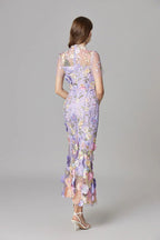 Women's Maxi Dress Sleeveless with Floral Appliqué and Crew Neckline - 15