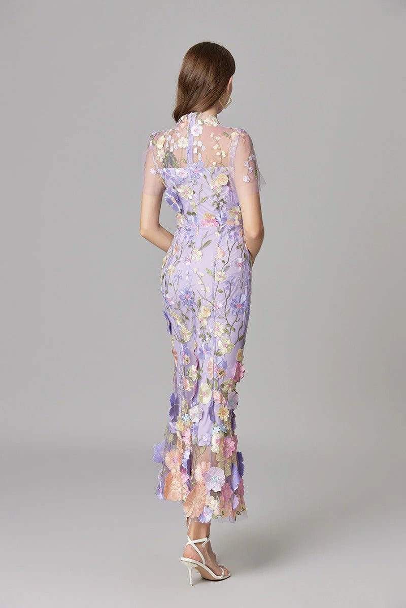 Women's Maxi Dress Sleeveless with Floral Appliqué and Crew Neckline - 15